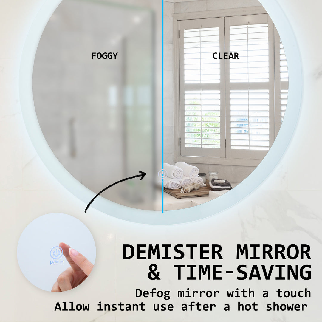 LED Anti Fog Wall Mirror Round Aluminum Frame Bathroom Vanity 70cm Homecoze