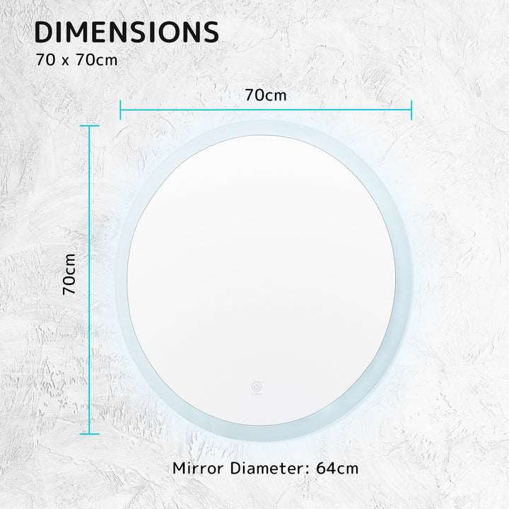 LED Anti Fog Wall Mirror Round Aluminum Frame Bathroom Vanity 70cm Homecoze