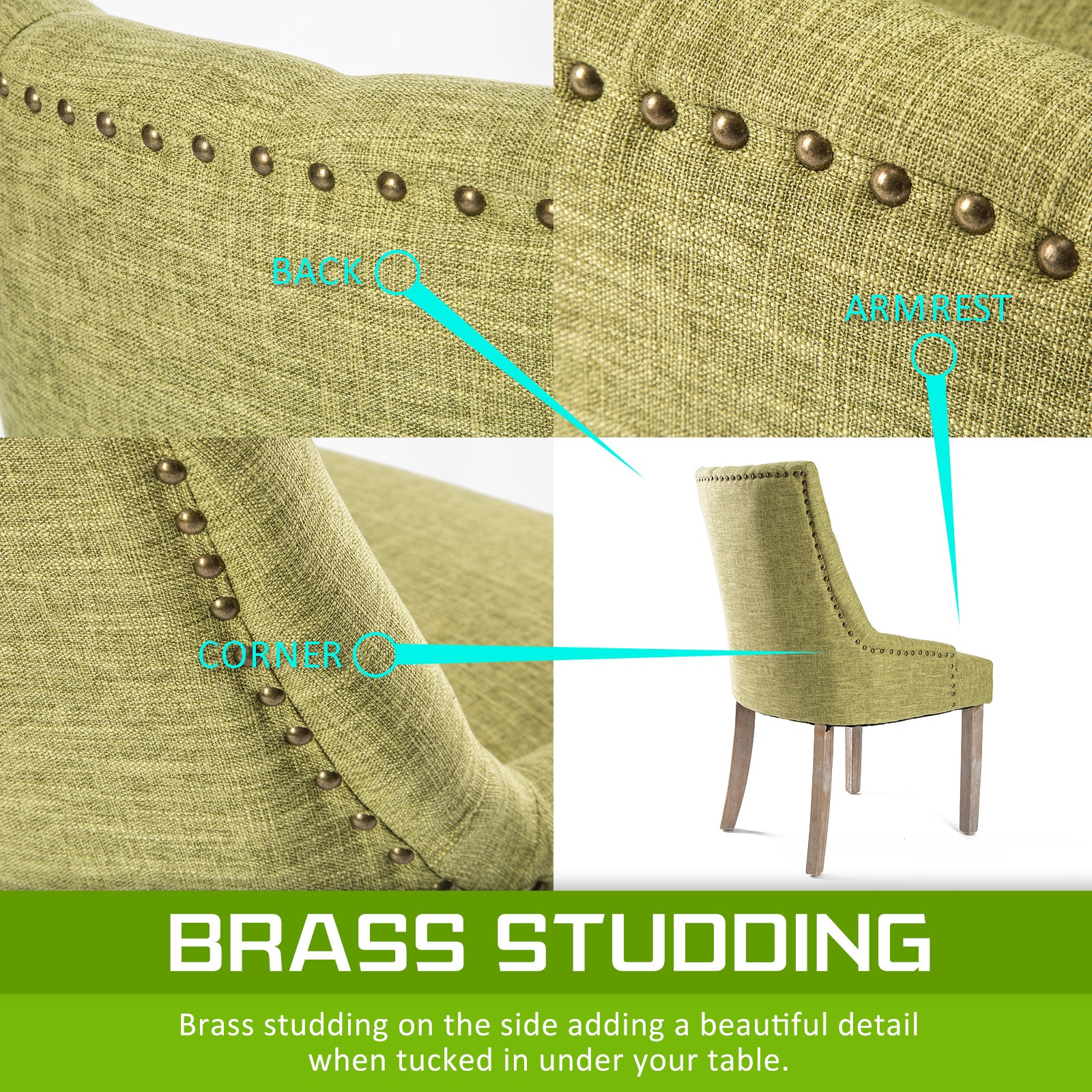 Set of 2 French Provincial Dining Chair Amour Oak Leg - Green Homecoze