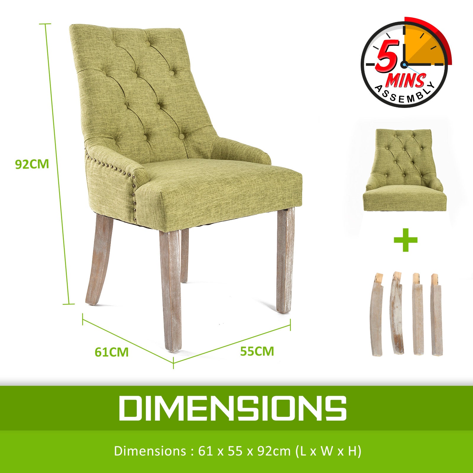 Set of 2 French Provincial Dining Chair Amour Oak Leg - Green Homecoze