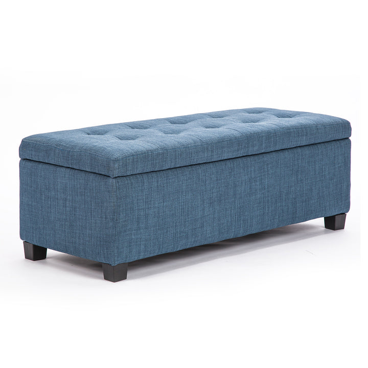 Blue Faux Linen Fabric Storage Blanket Box Ottoman Stool - 102cm Homecoze