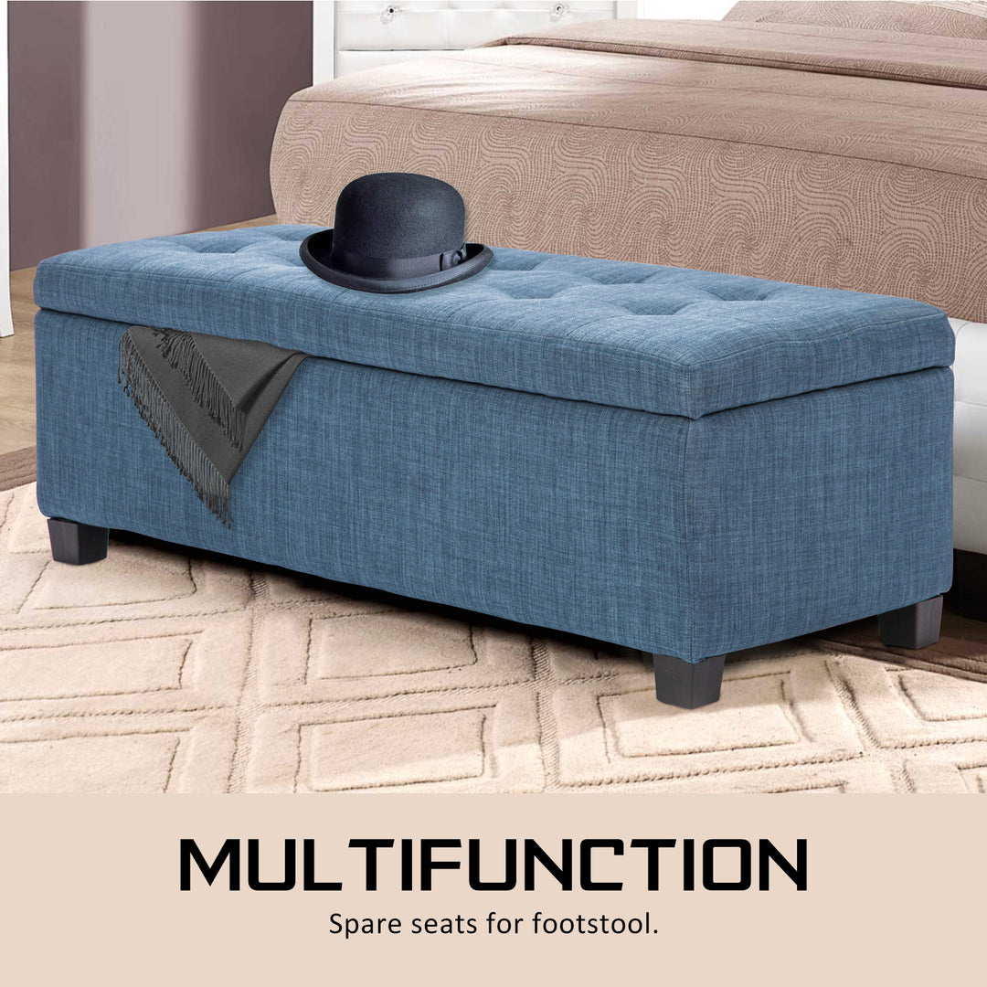 Blue Faux Linen Fabric Storage Blanket Box Ottoman Stool - 102cm Homecoze