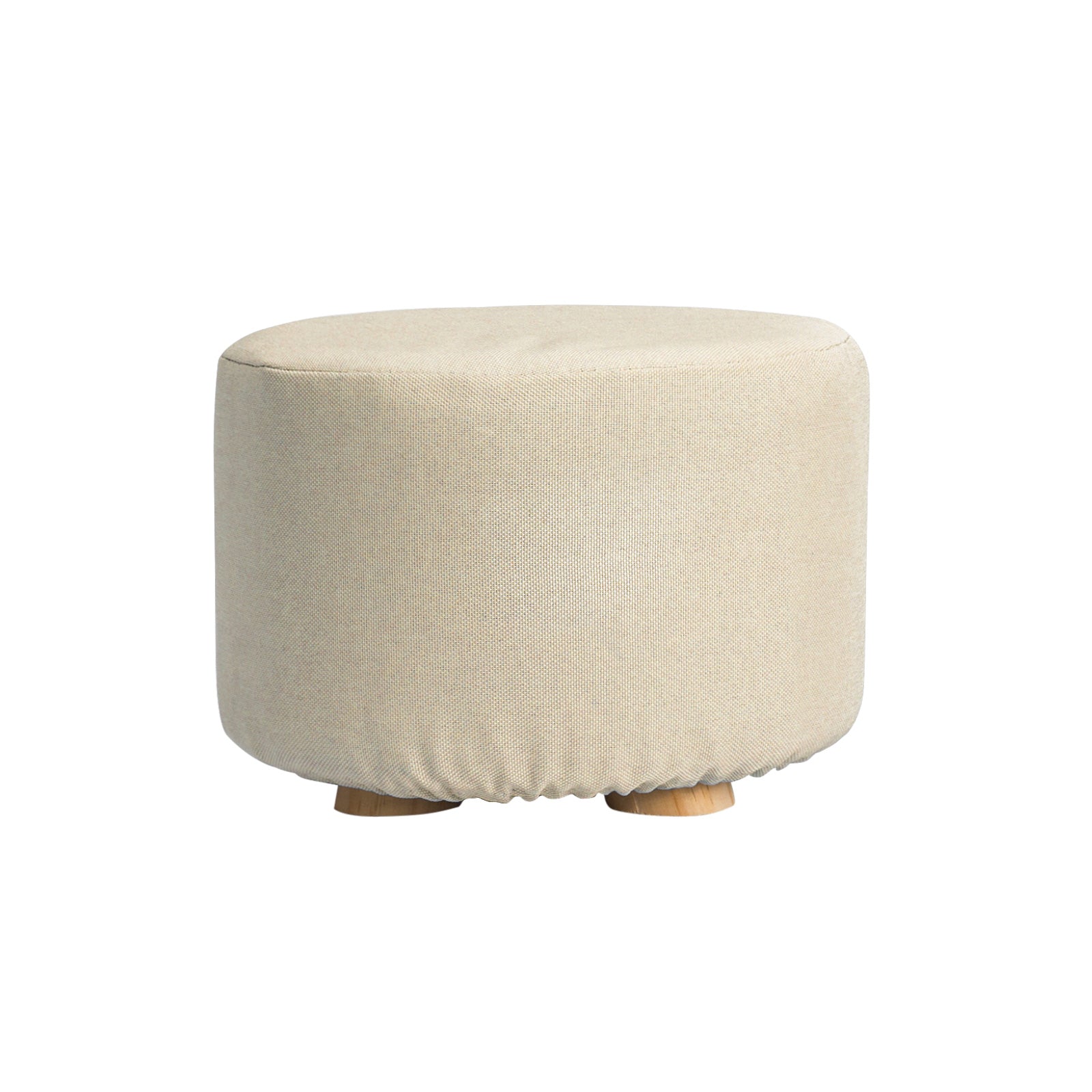 Beige Fabric Ottoman Round Wooden Leg Foot Stool Homecoze
