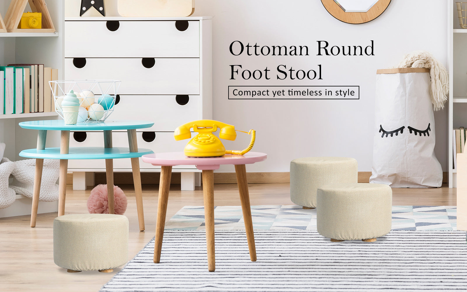 Beige Fabric Ottoman Round Wooden Leg Foot Stool Homecoze
