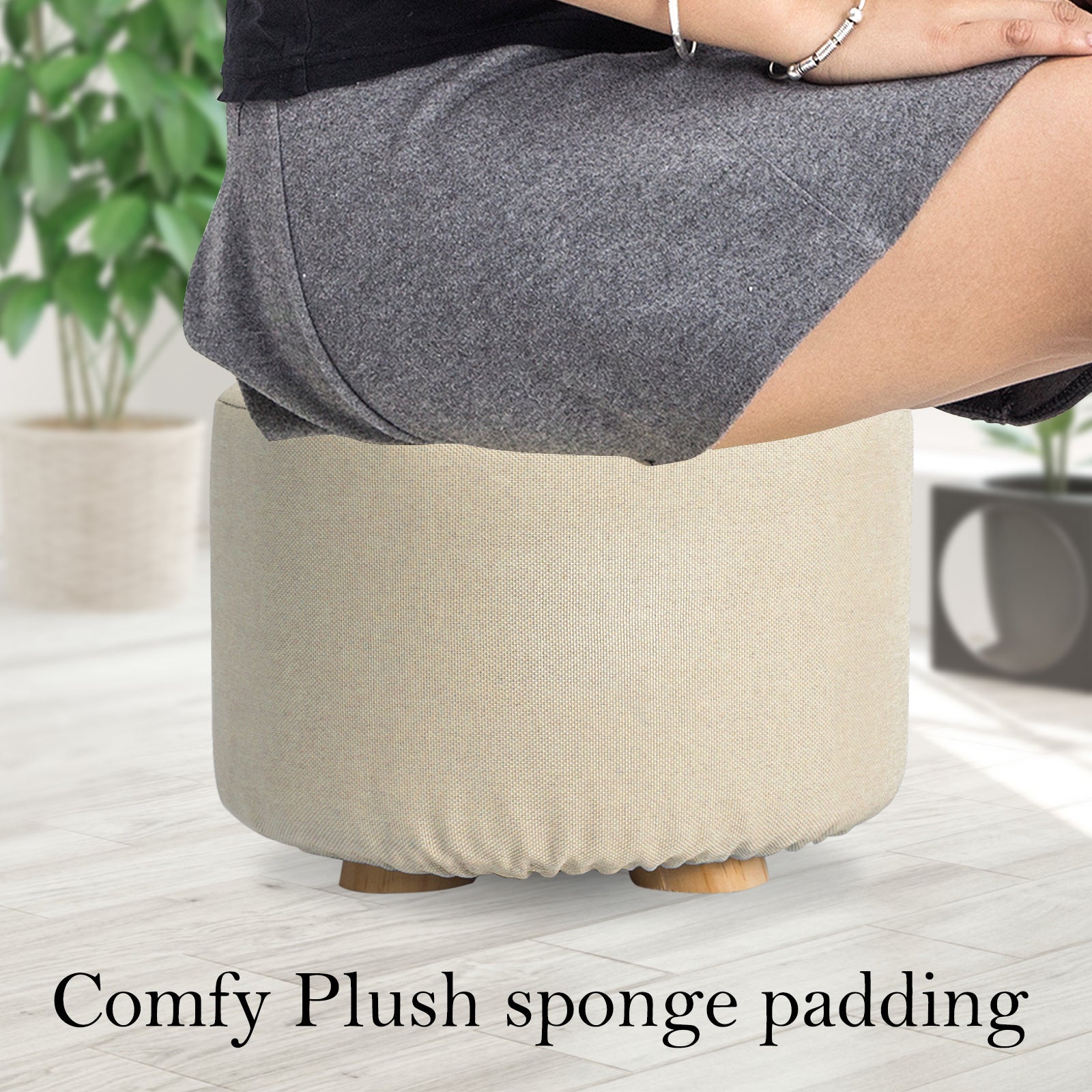 Beige Fabric Ottoman Round Wooden Leg Foot Stool Homecoze