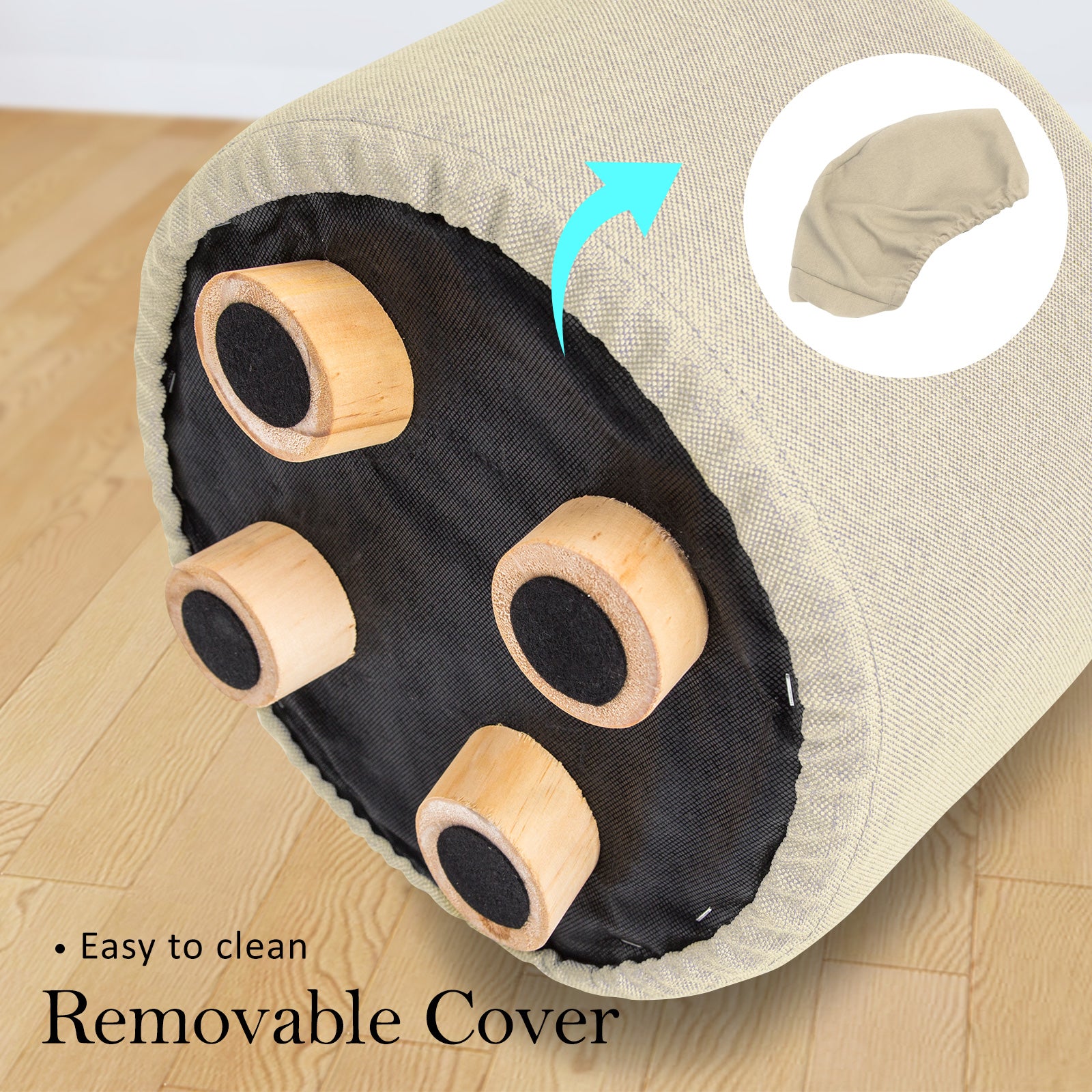 Beige Fabric Ottoman Round Wooden Leg Foot Stool Homecoze