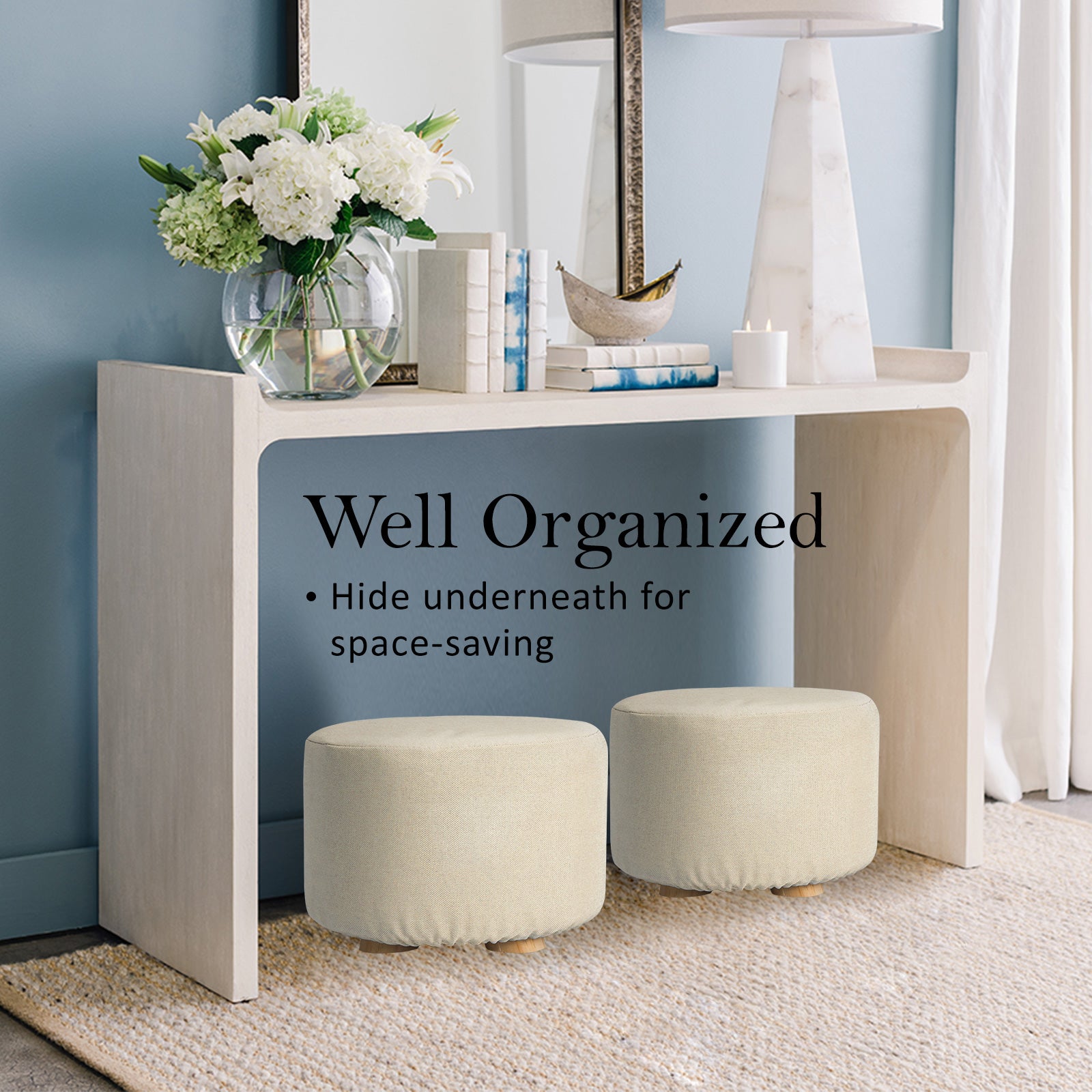 Beige Fabric Ottoman Round Wooden Leg Foot Stool Homecoze