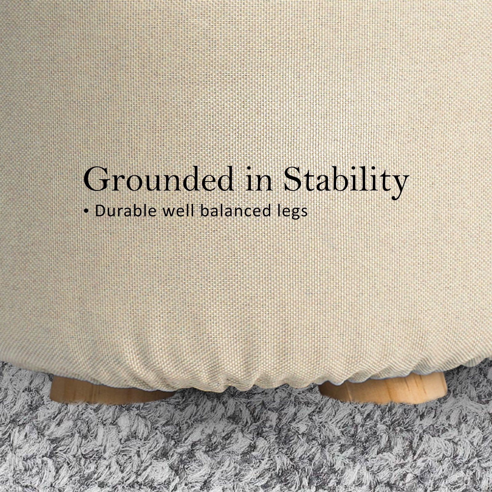 Beige Fabric Ottoman Round Wooden Leg Foot Stool Homecoze