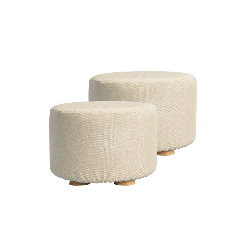 Set of 2 Beige Fabric Ottoman Round Wooden Leg Foot Stool Homecoze