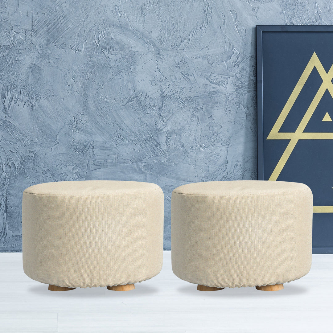 Set of 2 Beige Fabric Ottoman Round Wooden Leg Foot Stool Homecoze