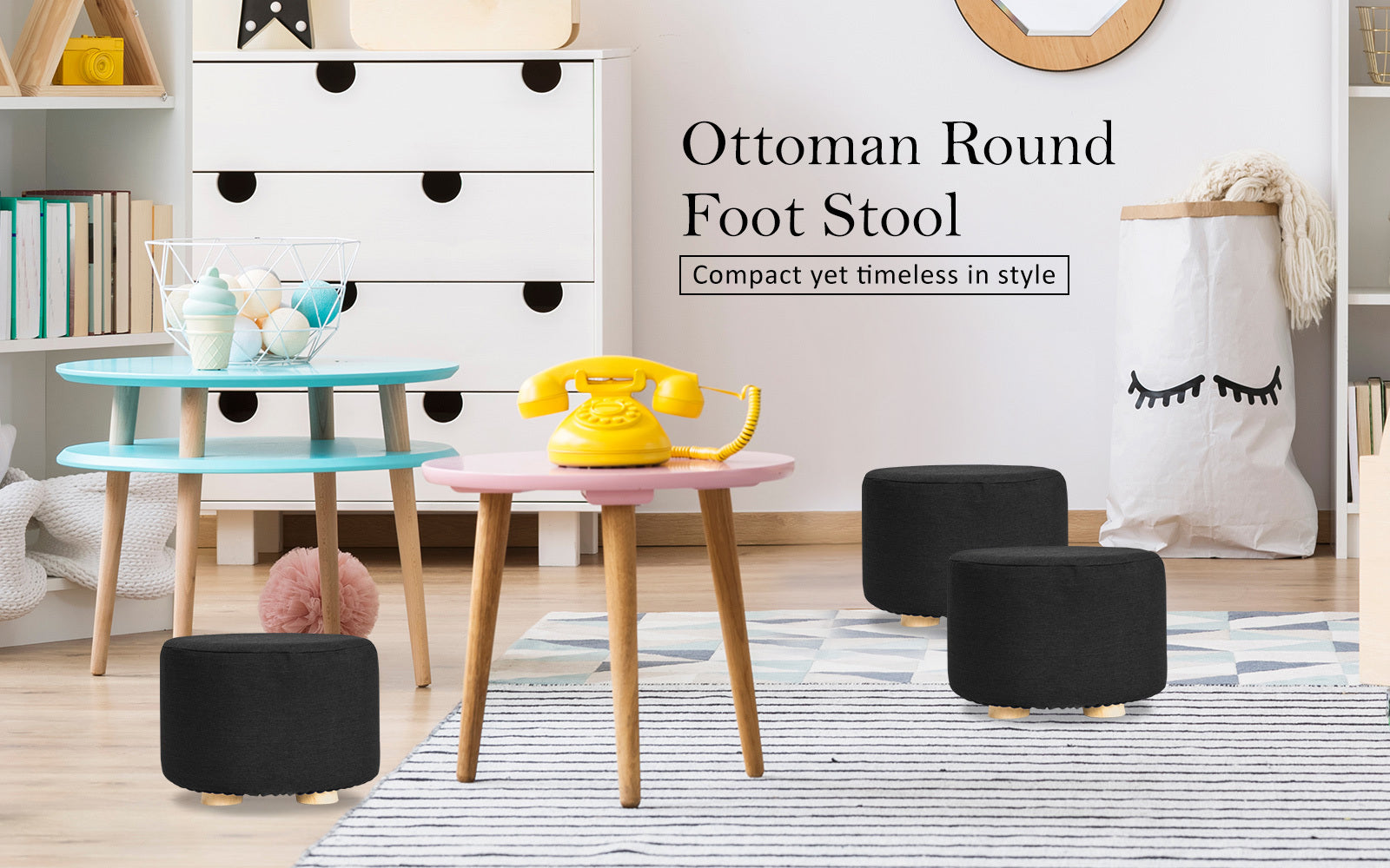 Black Fabric Ottoman Round Wooden Leg Foot Stool Homecoze