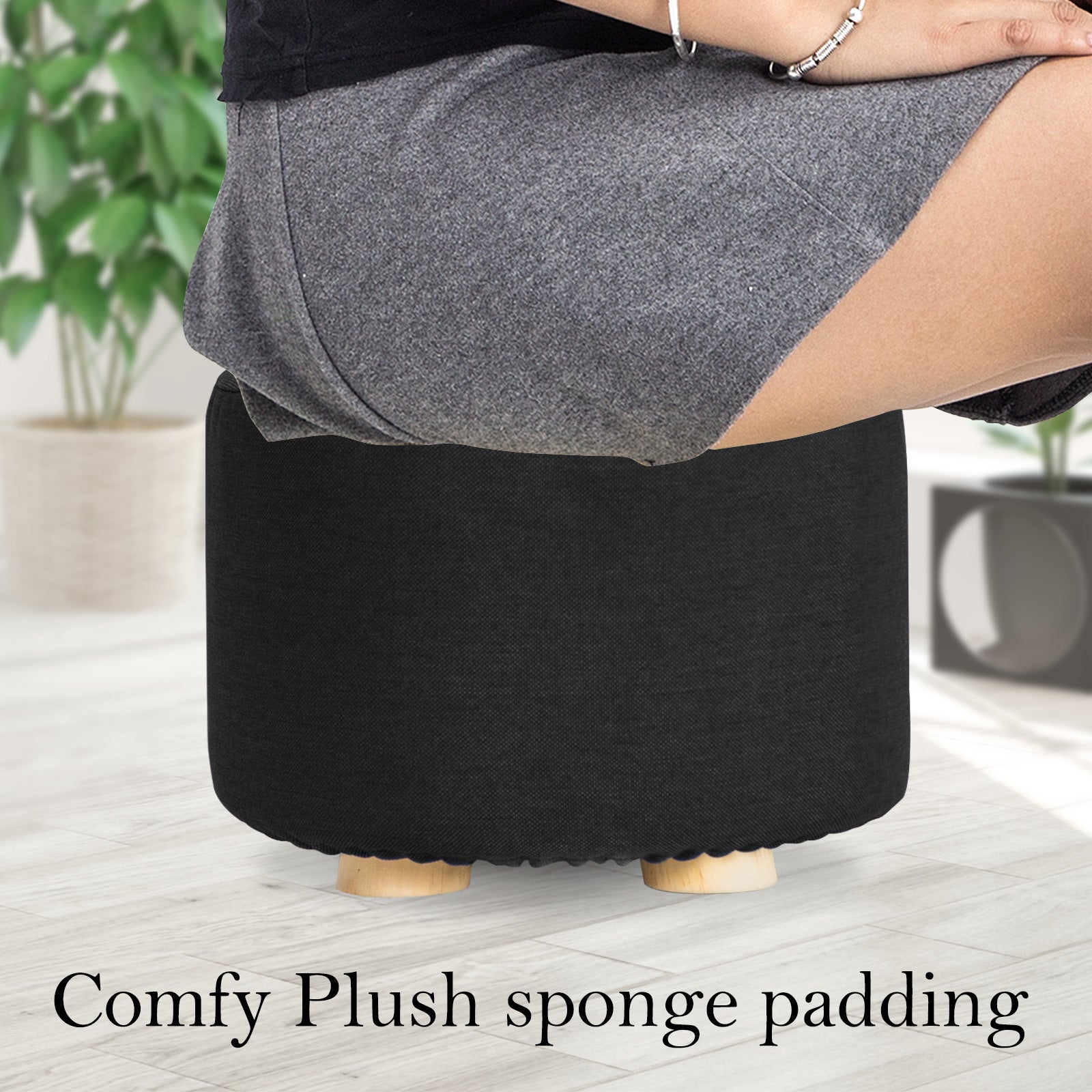 Black Fabric Ottoman Round Wooden Leg Foot Stool Homecoze