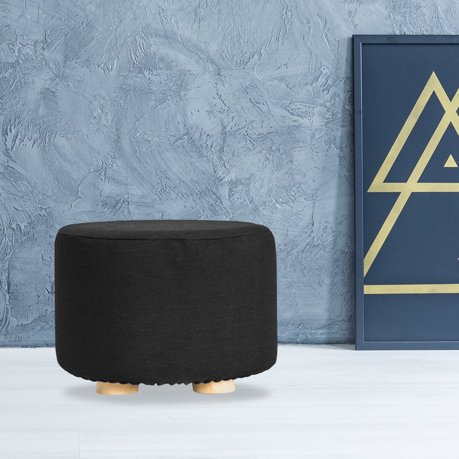 Black Fabric Ottoman Round Wooden Leg Foot Stool Homecoze