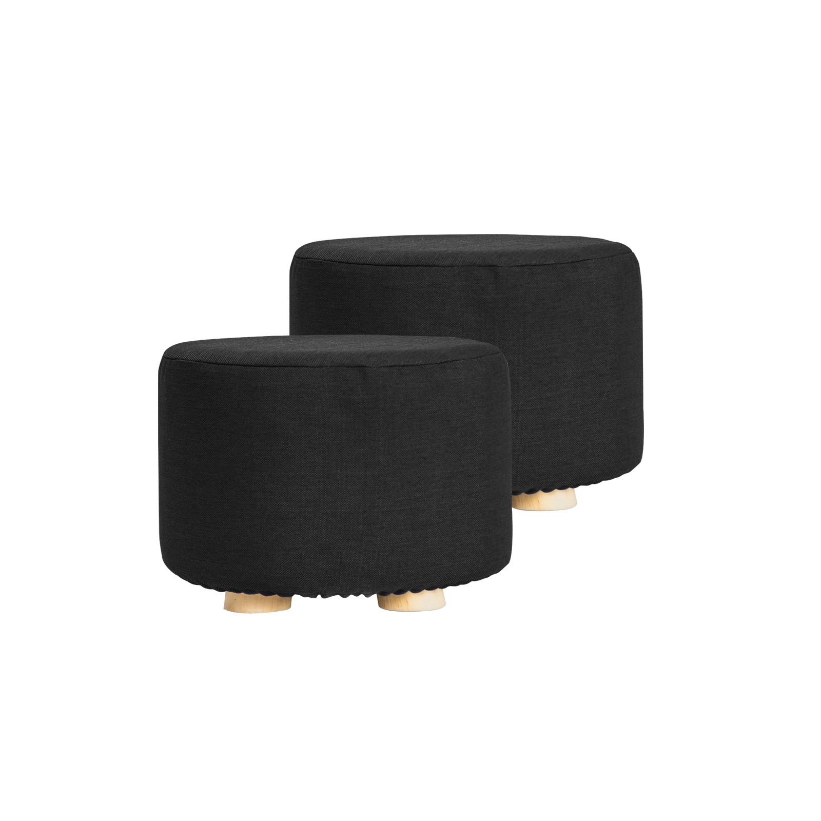 Set of 2 Black Fabric Ottoman Round Wooden Leg Foot Stool Homecoze