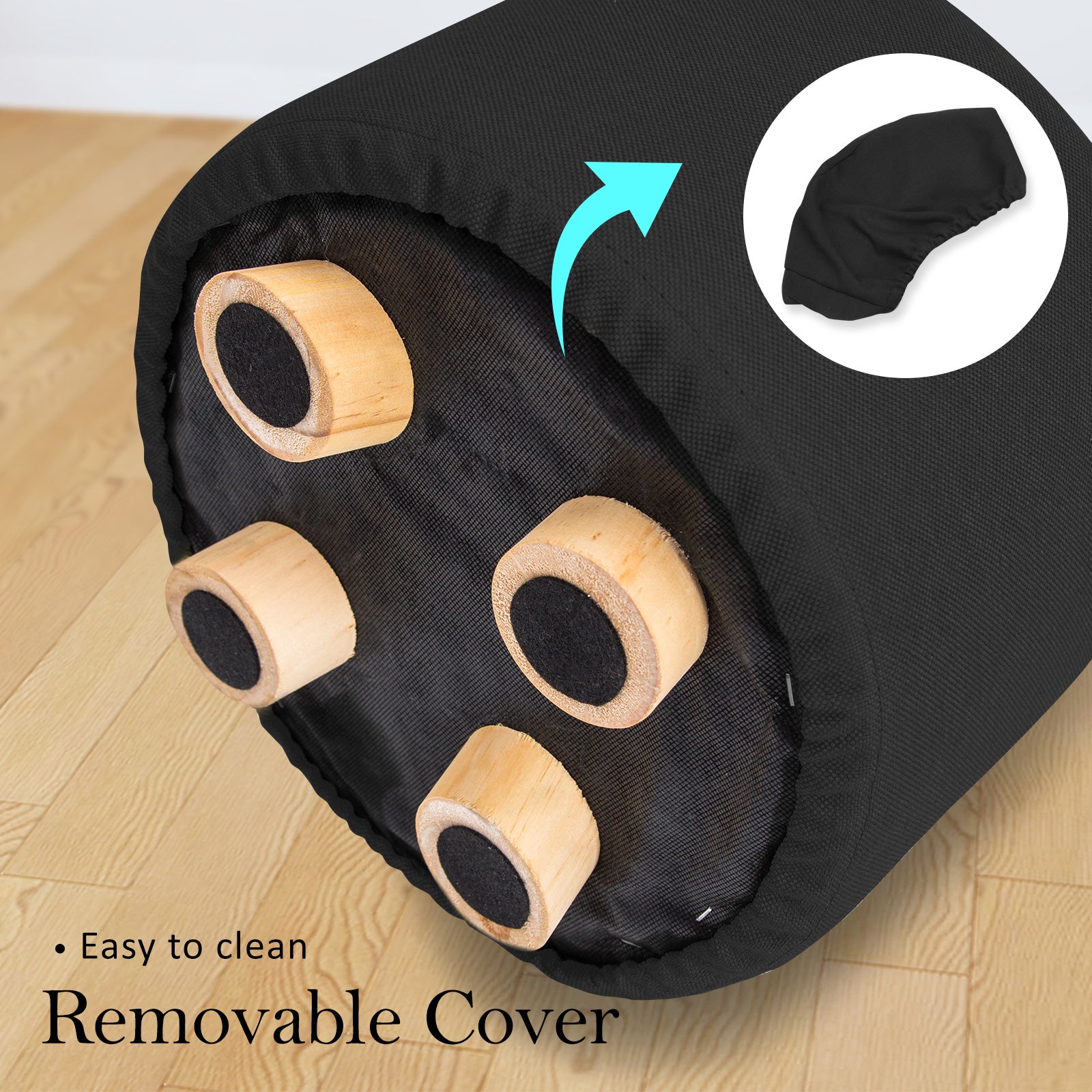 Set of 2 Black Fabric Ottoman Round Wooden Leg Foot Stool Homecoze