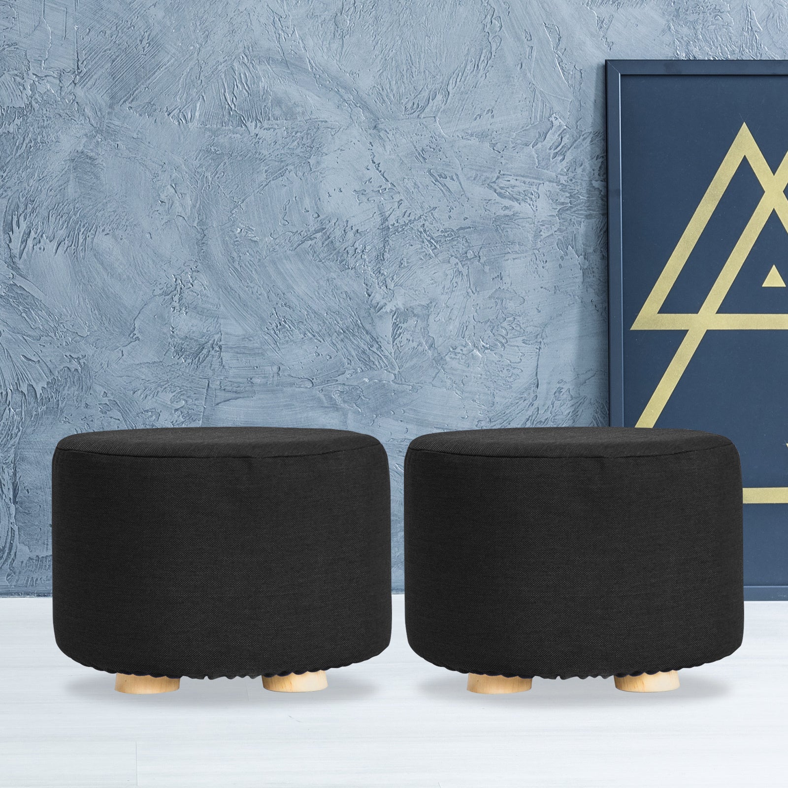 Set of 2 Black Fabric Ottoman Round Wooden Leg Foot Stool Homecoze