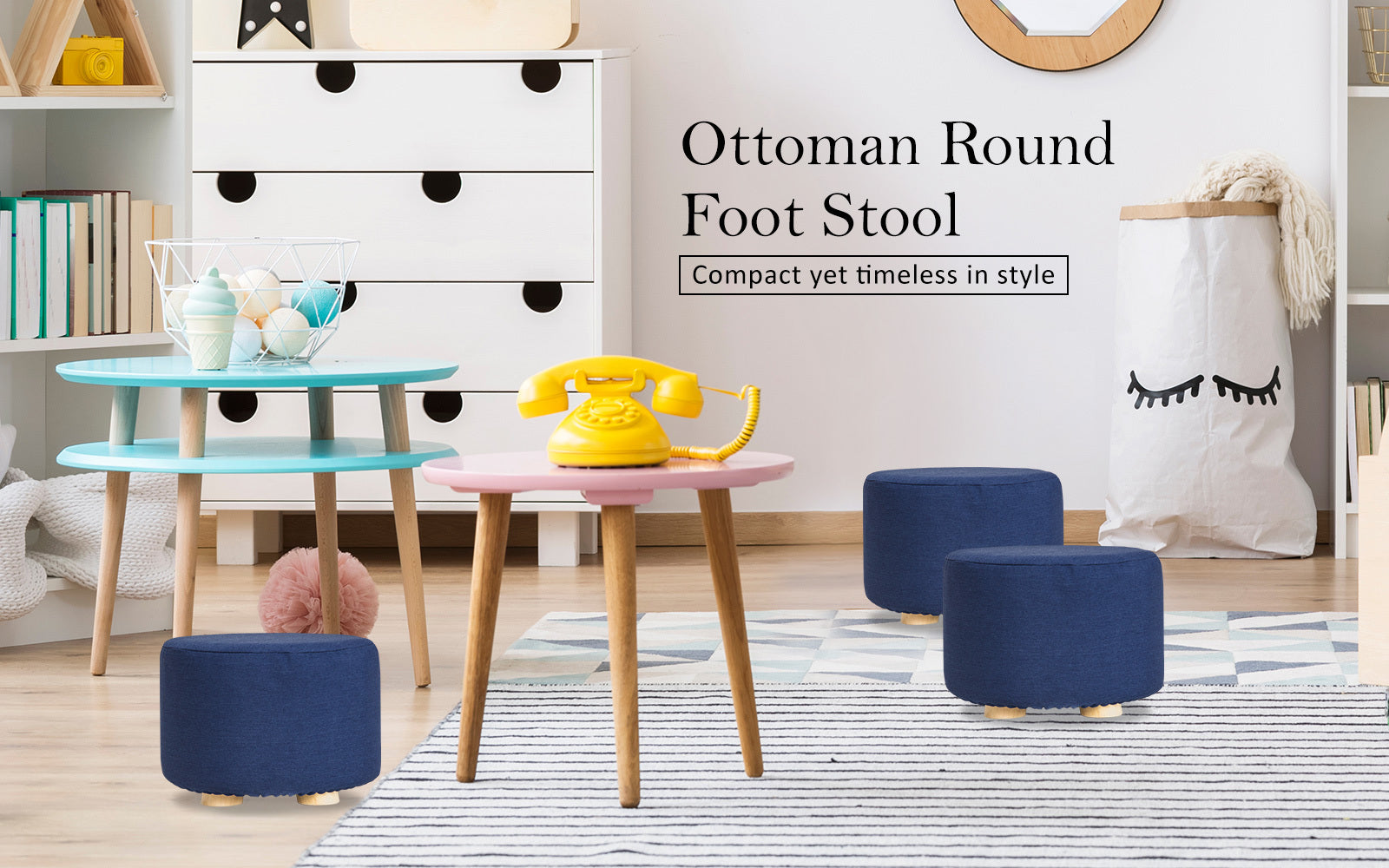 Dark Blue Fabric Ottoman Round Wooden Leg Foot Stool Homecoze