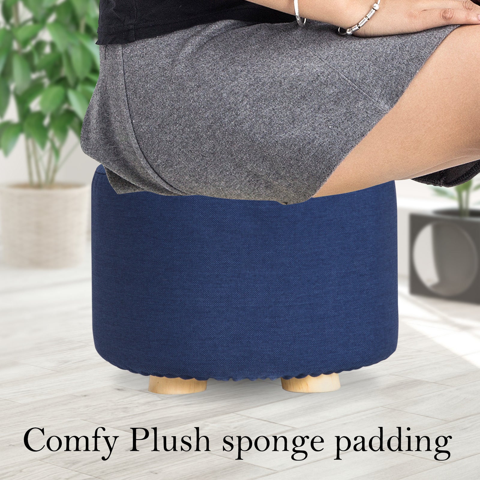 Dark Blue Fabric Ottoman Round Wooden Leg Foot Stool Homecoze