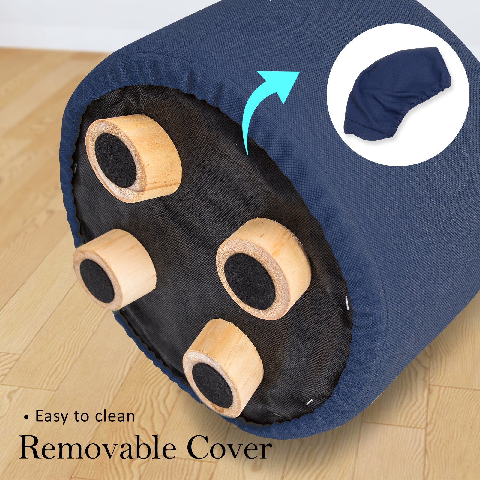 Dark Blue Fabric Ottoman Round Wooden Leg Foot Stool Homecoze