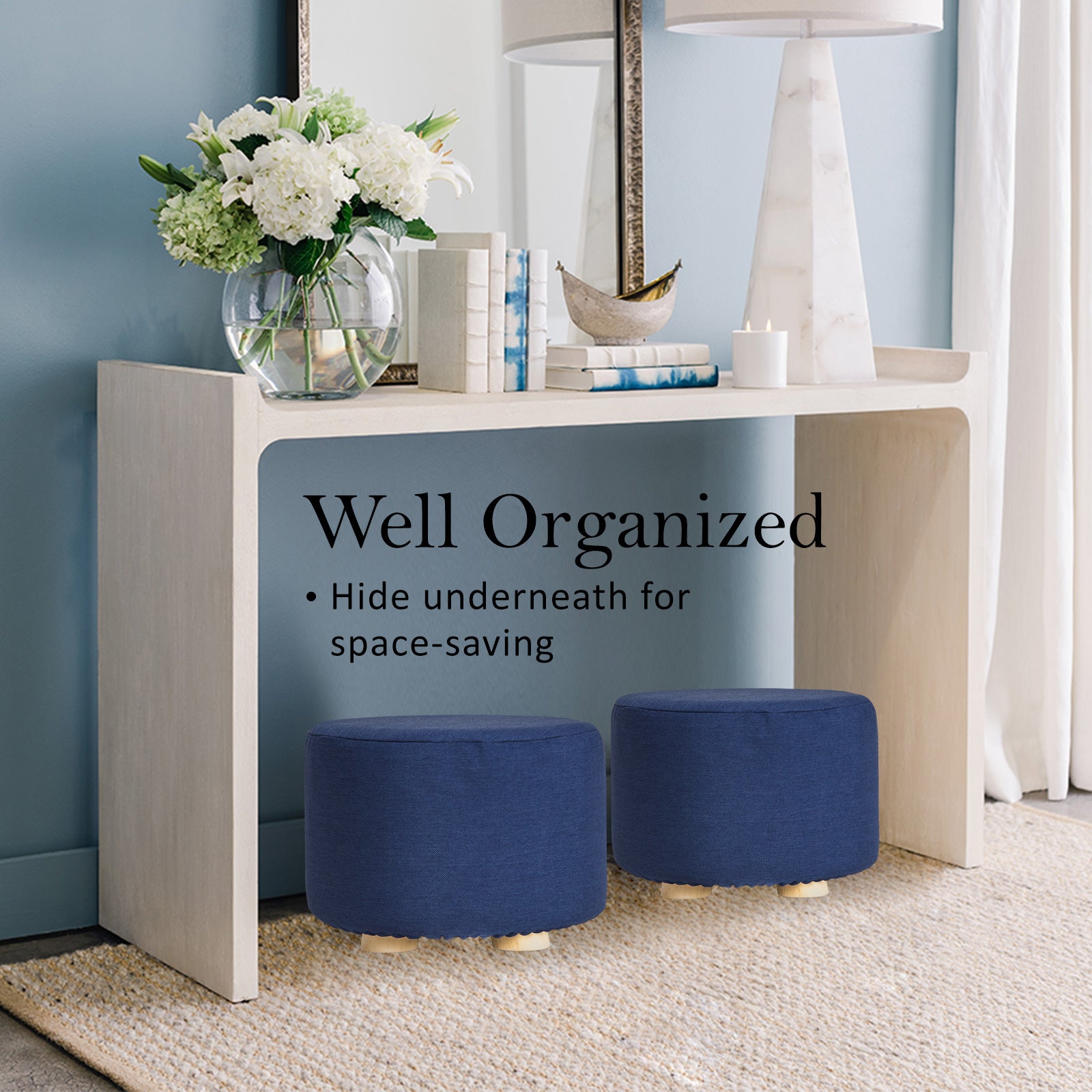 Dark Blue Fabric Ottoman Round Wooden Leg Foot Stool Homecoze