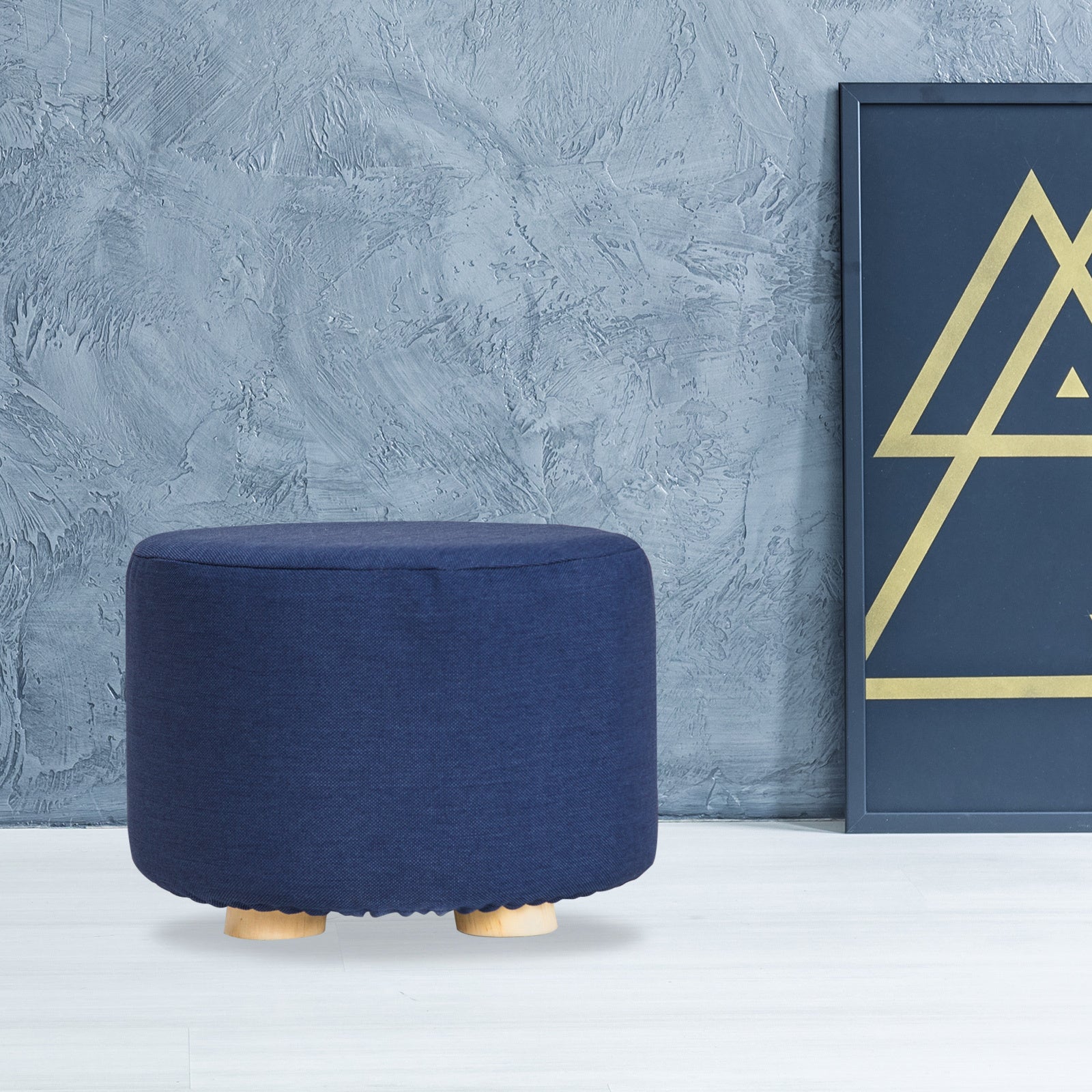 Dark Blue Fabric Ottoman Round Wooden Leg Foot Stool Homecoze