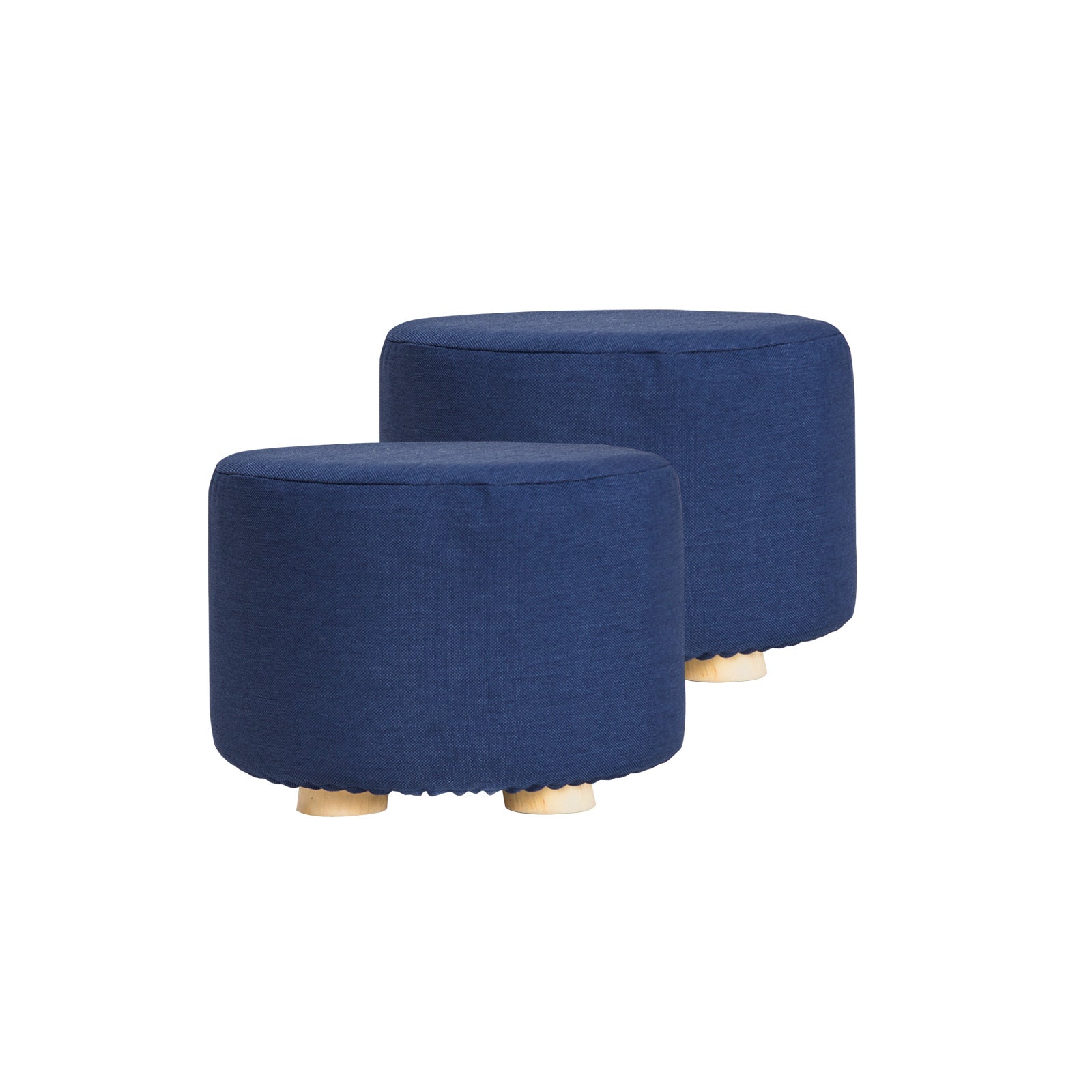 Set of 2 Dark Blue Fabric Ottoman Round Wooden Leg Foot Stool Homecoze