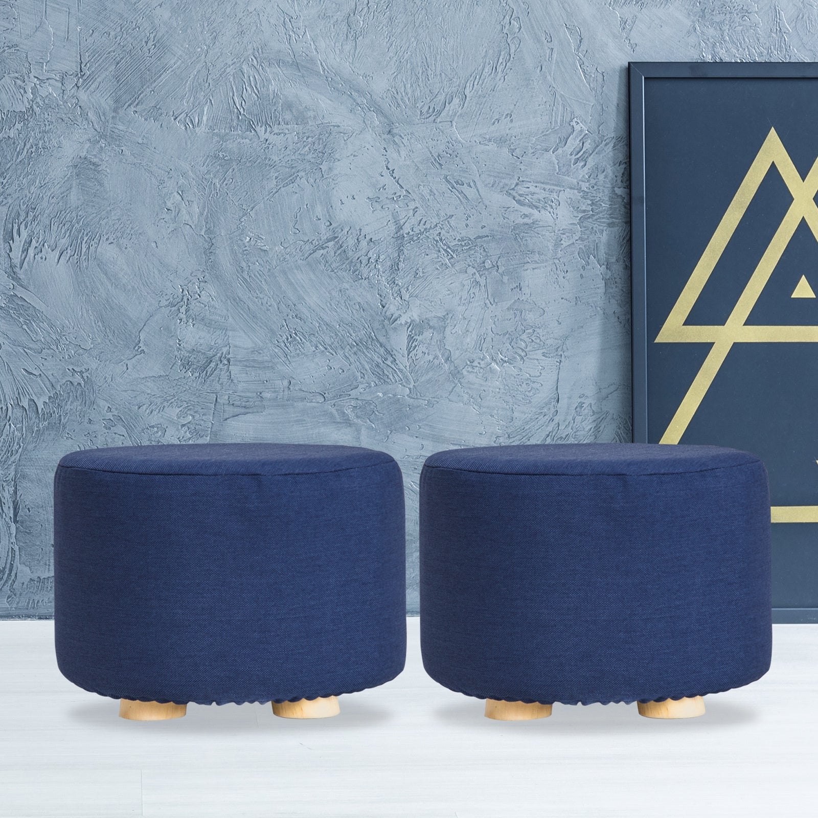 Set of 2 Dark Blue Fabric Ottoman Round Wooden Leg Foot Stool Homecoze