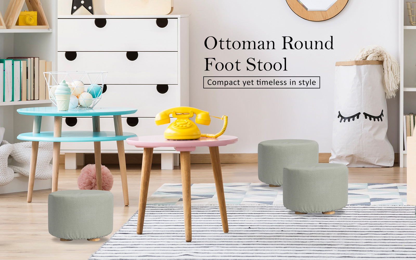 Grey Fabric Ottoman Round Wooden Leg Foot Stool Homecoze