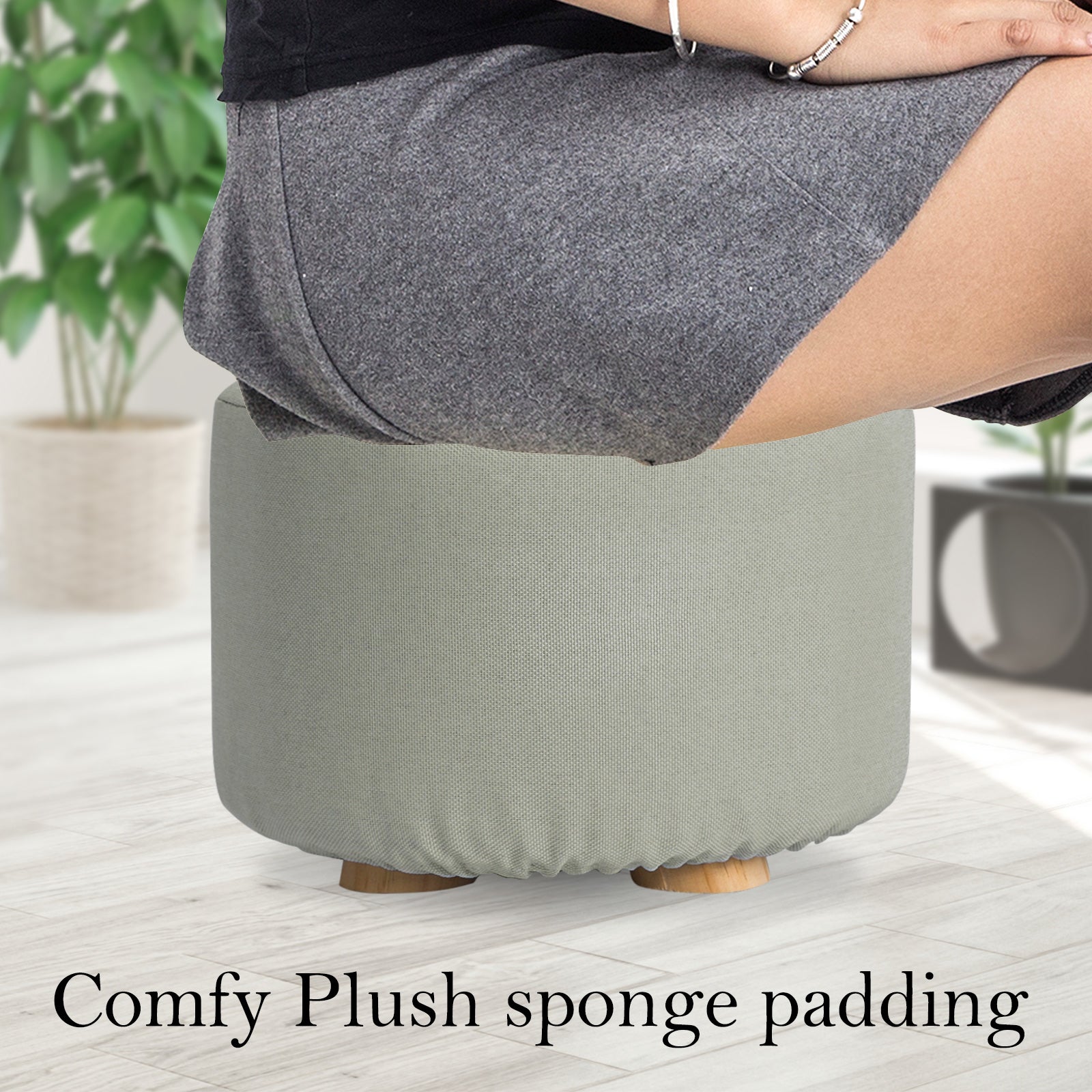 Grey Fabric Ottoman Round Wooden Leg Foot Stool Homecoze