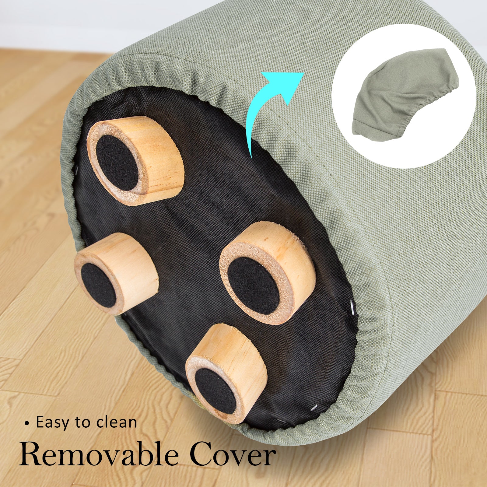 Grey Fabric Ottoman Round Wooden Leg Foot Stool Homecoze