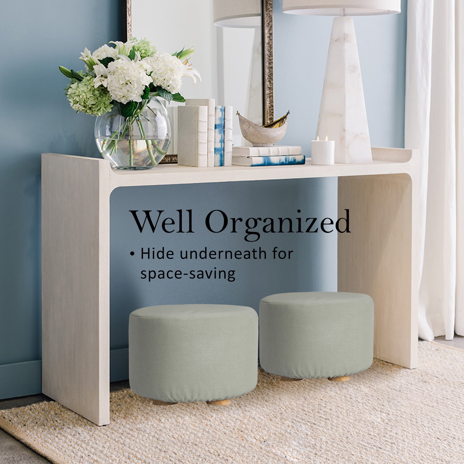 Grey Fabric Ottoman Round Wooden Leg Foot Stool Homecoze