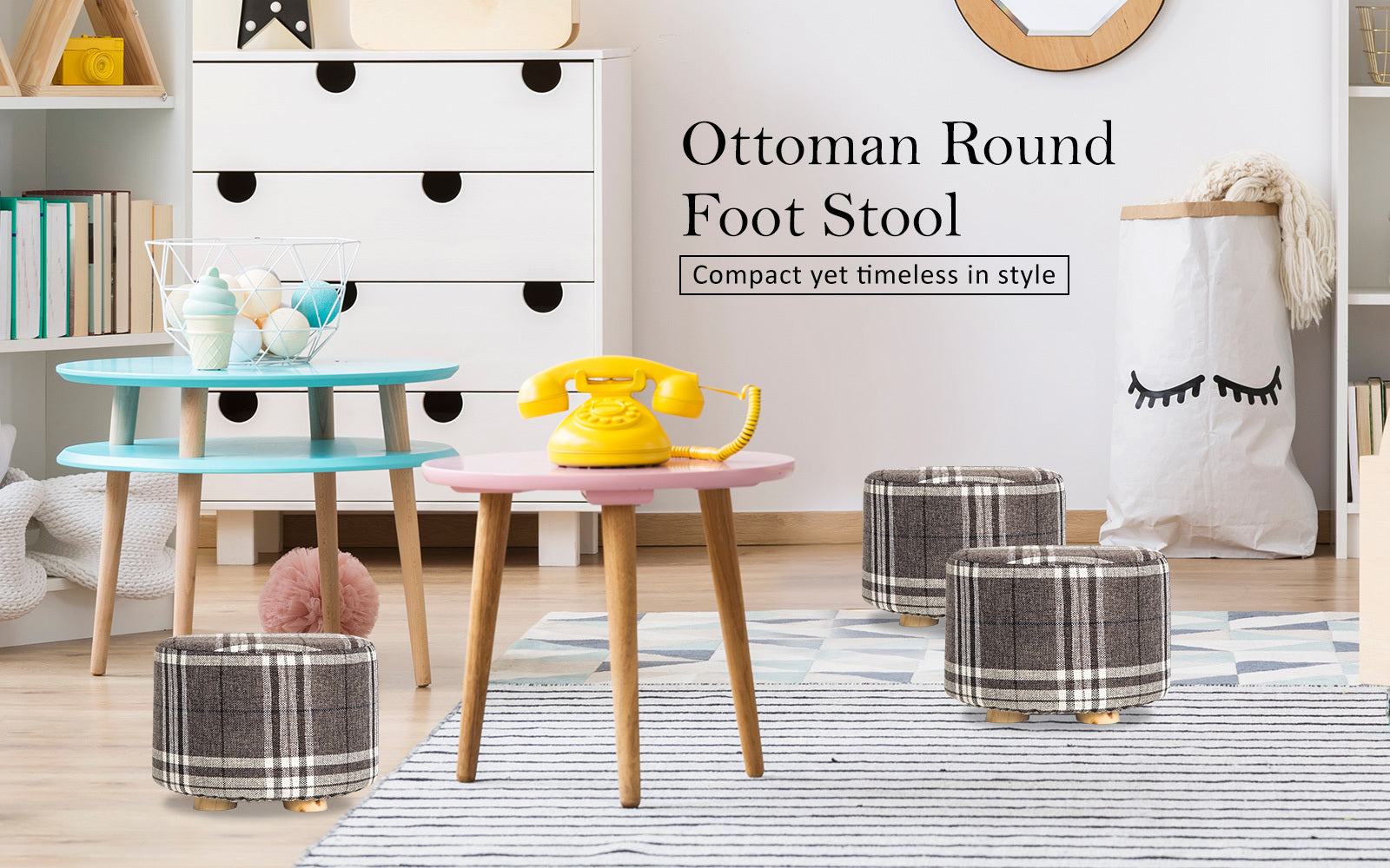 Lattice Fabric Ottoman Round Wooden Leg Foot Stool Homecoze