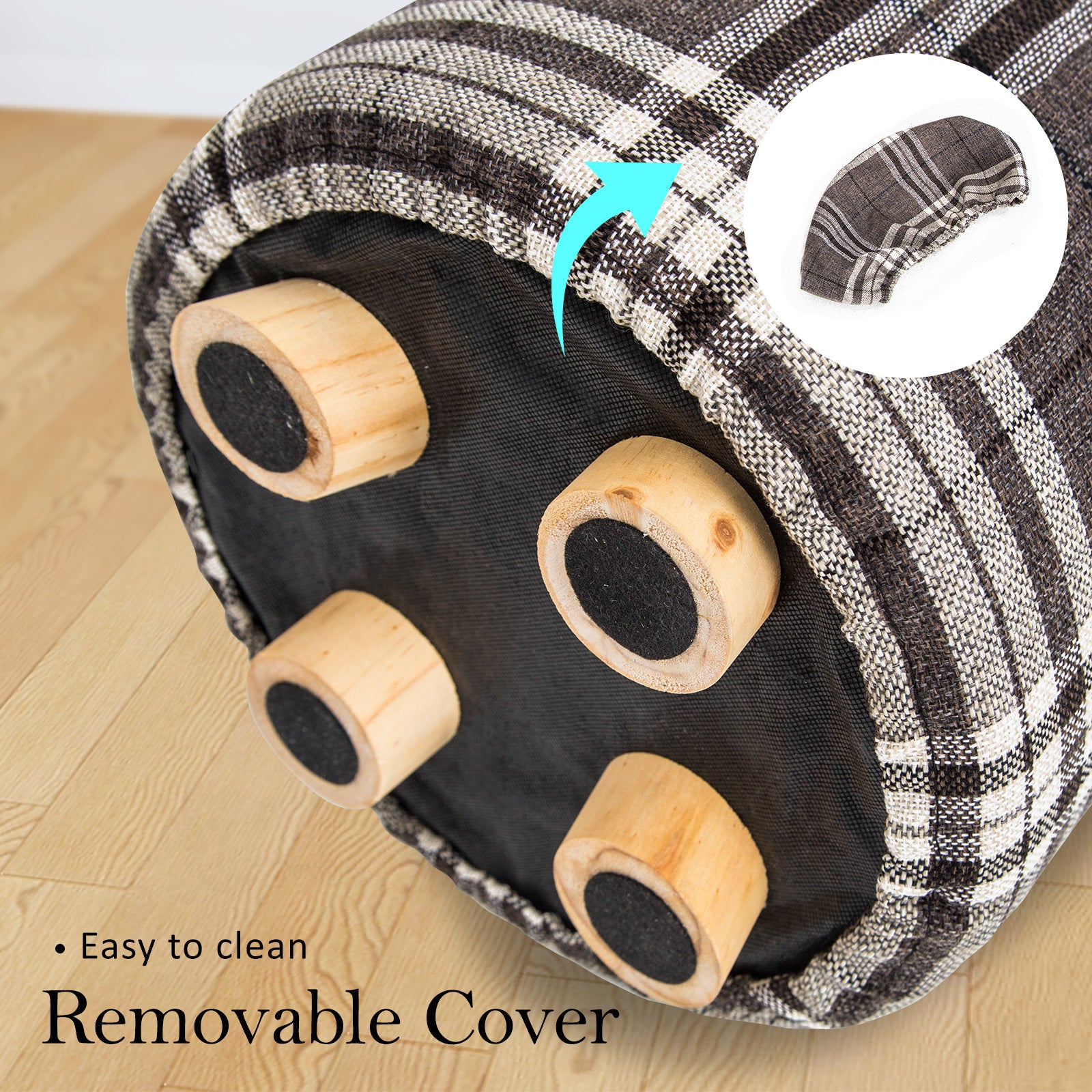 Lattice Fabric Ottoman Round Wooden Leg Foot Stool Homecoze