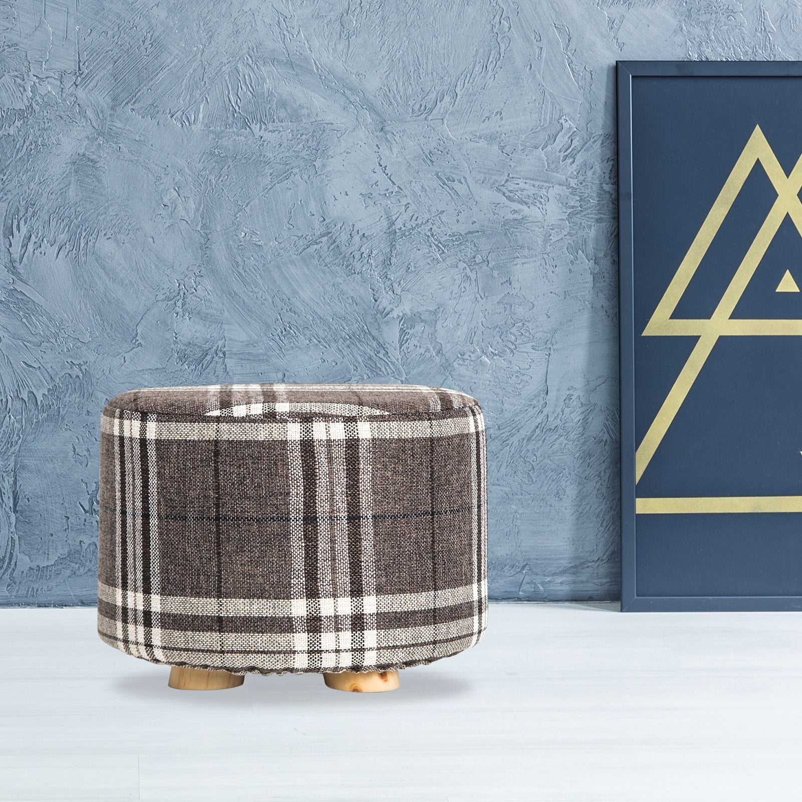 Lattice Fabric Ottoman Round Wooden Leg Foot Stool Homecoze