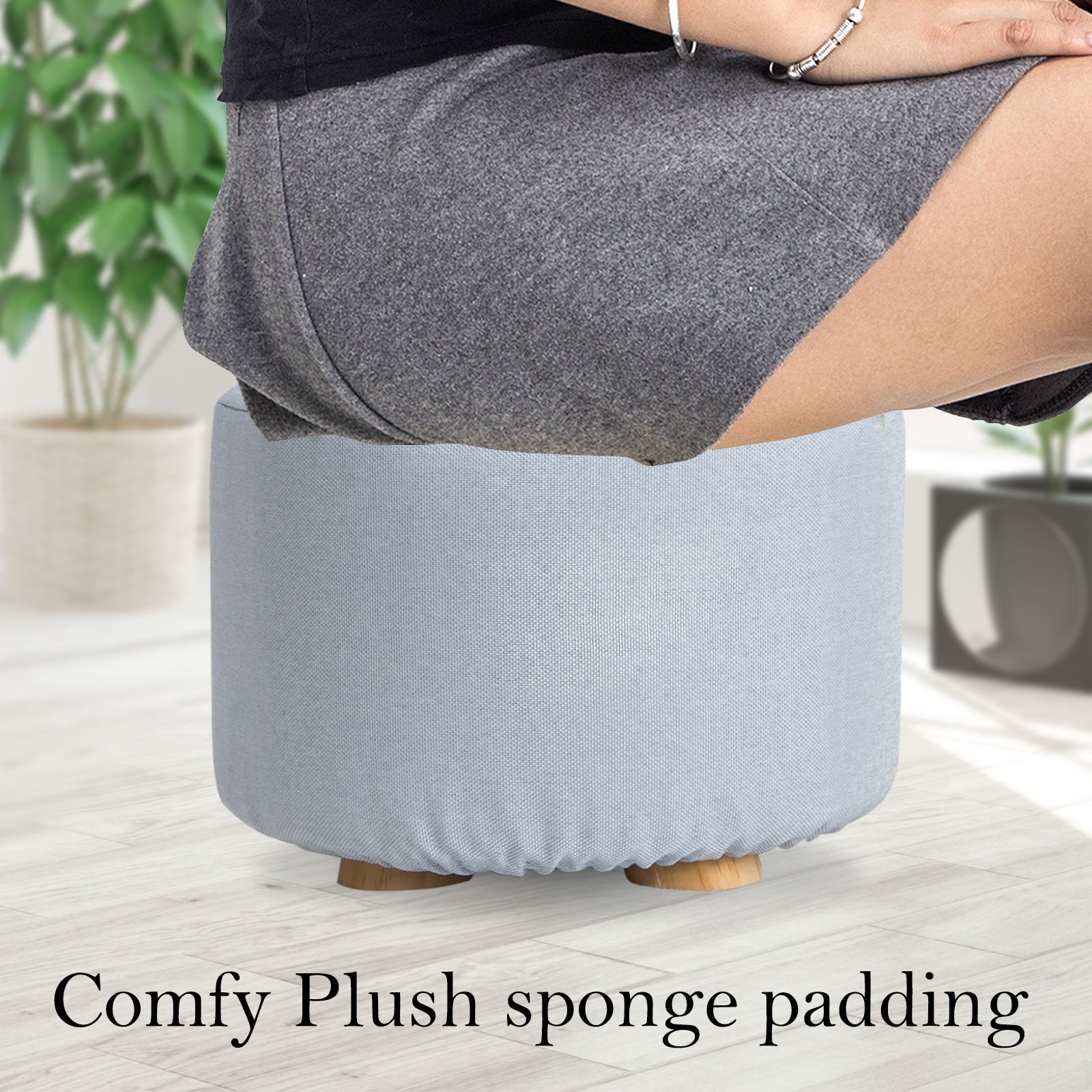 Light Blue Fabric Ottoman Round Wooden Leg Foot Stool Homecoze
