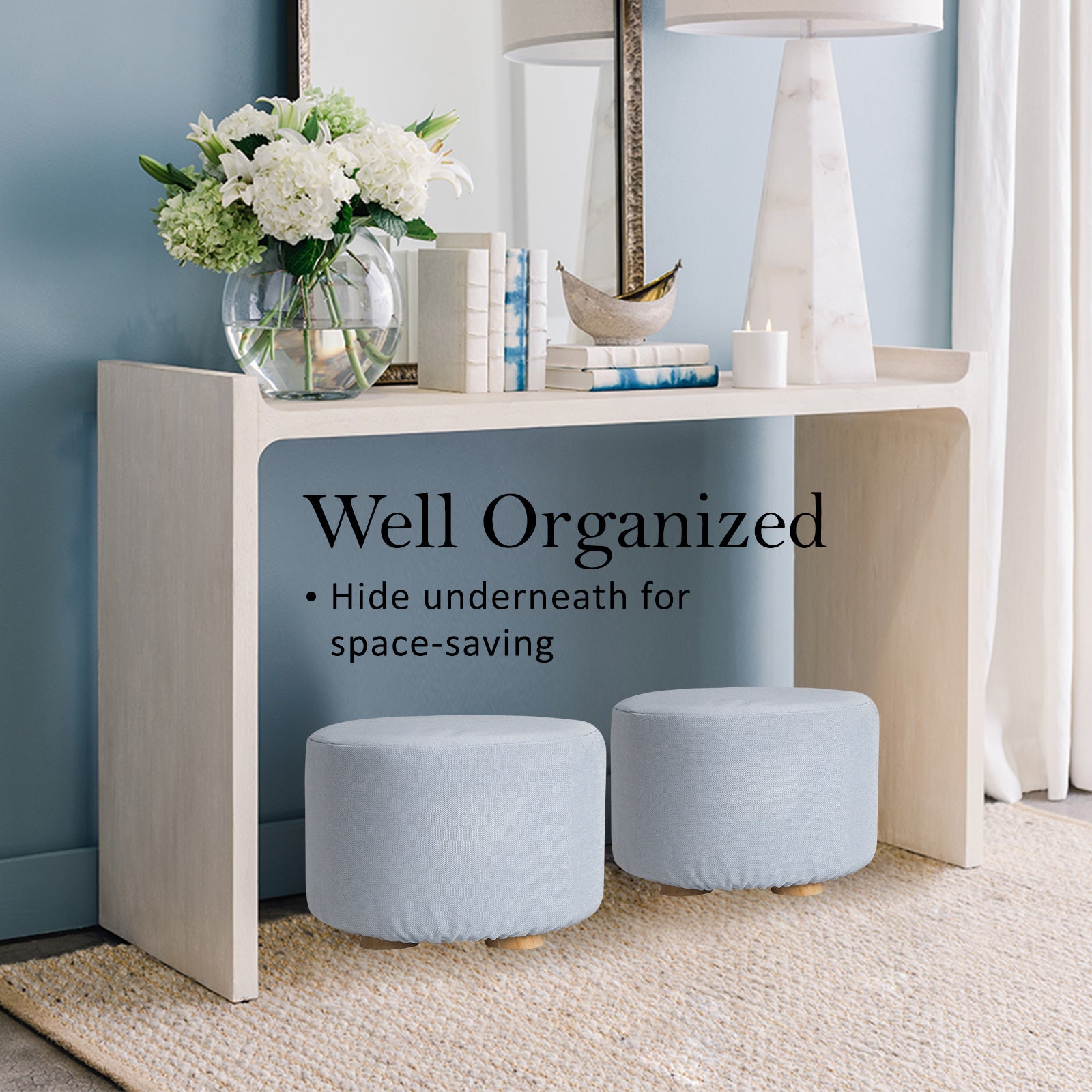 Light Blue Fabric Ottoman Round Wooden Leg Foot Stool Homecoze
