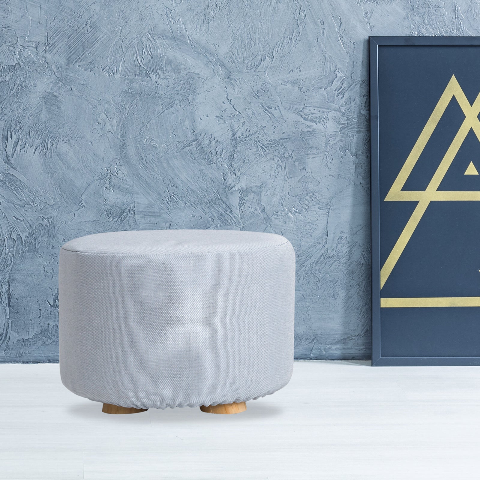 Light Blue Fabric Ottoman Round Wooden Leg Foot Stool Homecoze