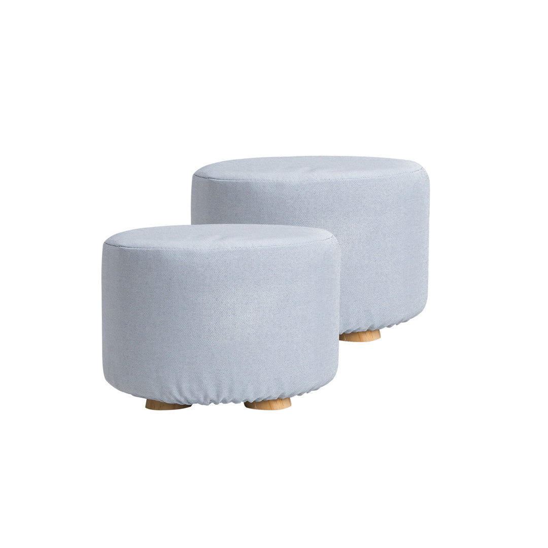 Set of 2 Light Blue Fabric Ottoman Round Wooden Leg Foot Stool Homecoze