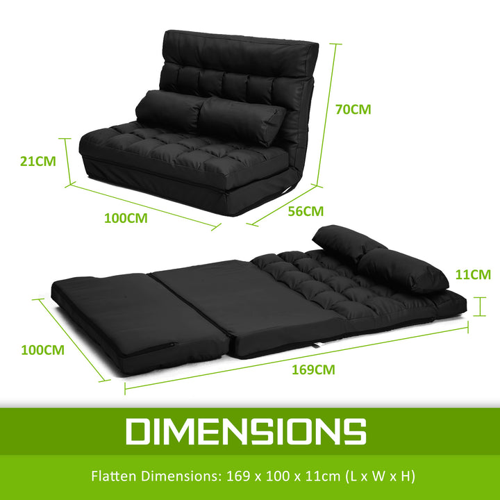 Double Seat Floor Sofa Adjustable Recliner Gaming Couch Bed Black PU Leather Homecoze