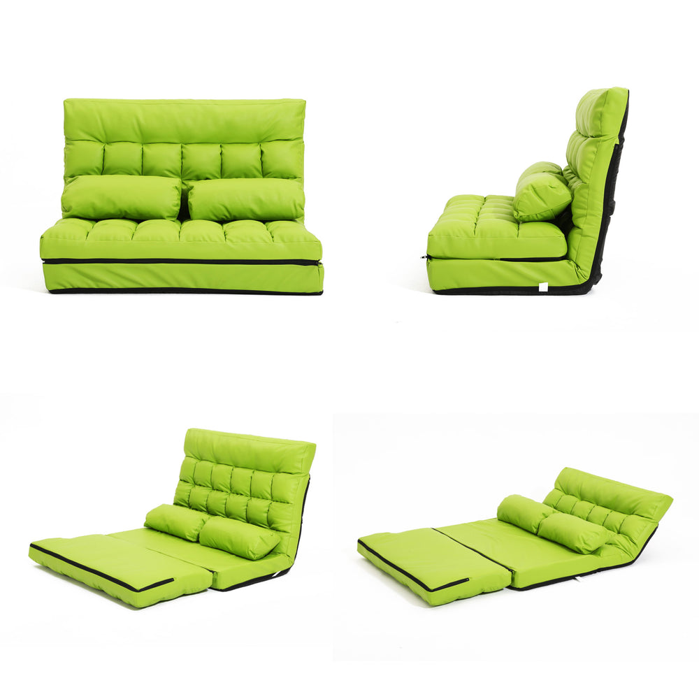 Double Seat Floor Sofa Adjustable Recliner Gaming Couch Bed Green PU Leather Homecoze