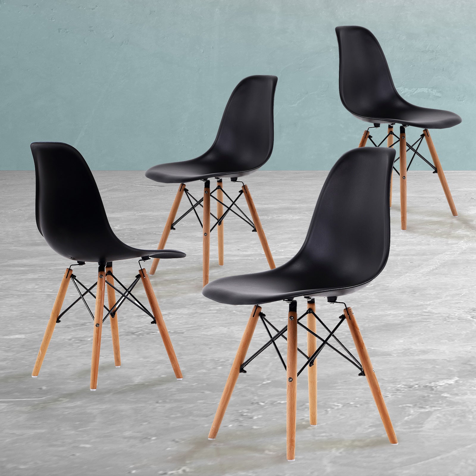 Set of 4 Retro Dining Café Chair DSW Plastic - Black Homecoze