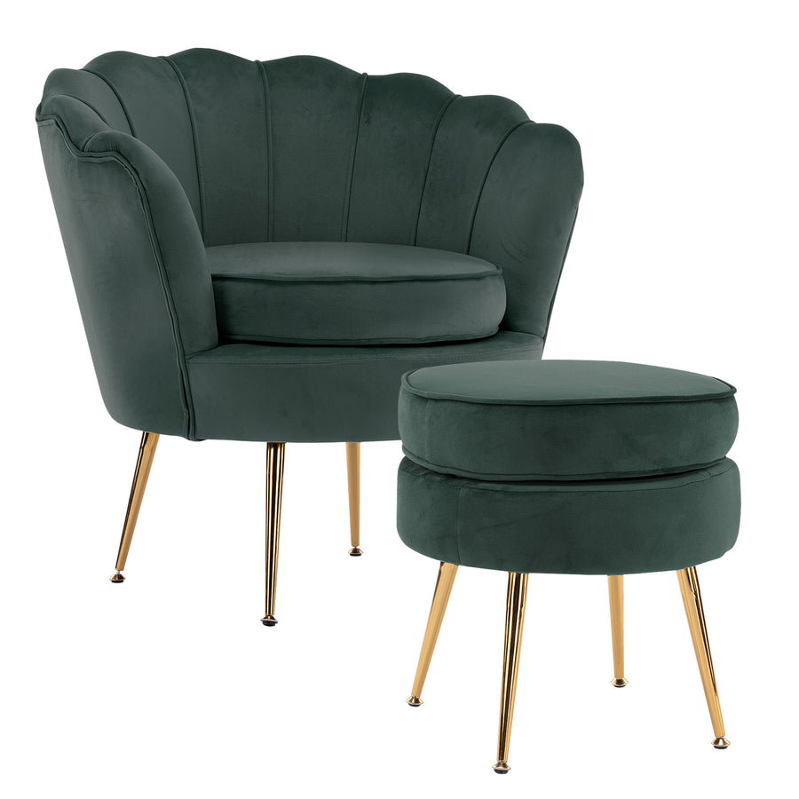 Shell Scallop Green Armchair Accent Chair Velvet + Round Ottoman Footstool Homecoze