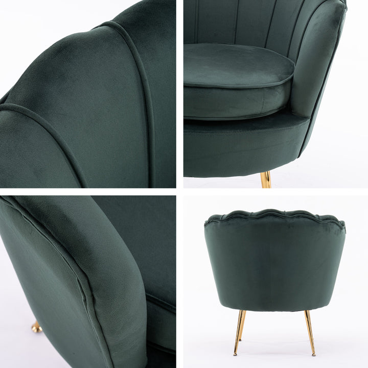 Shell Scallop Green Armchair Accent Chair Velvet + Round Ottoman Footstool Homecoze