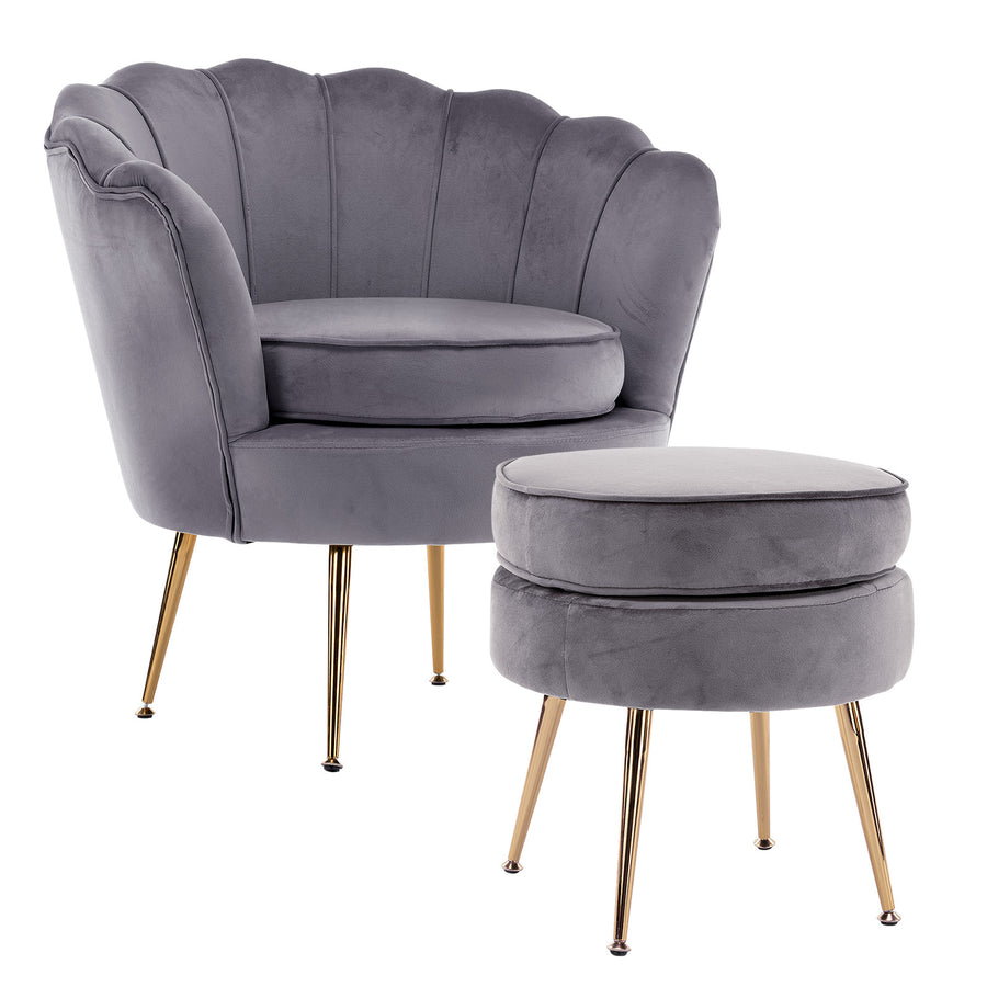 Shell Scallop Grey Armchair Accent Chair Velvet + Round Ottoman Footstool Homecoze