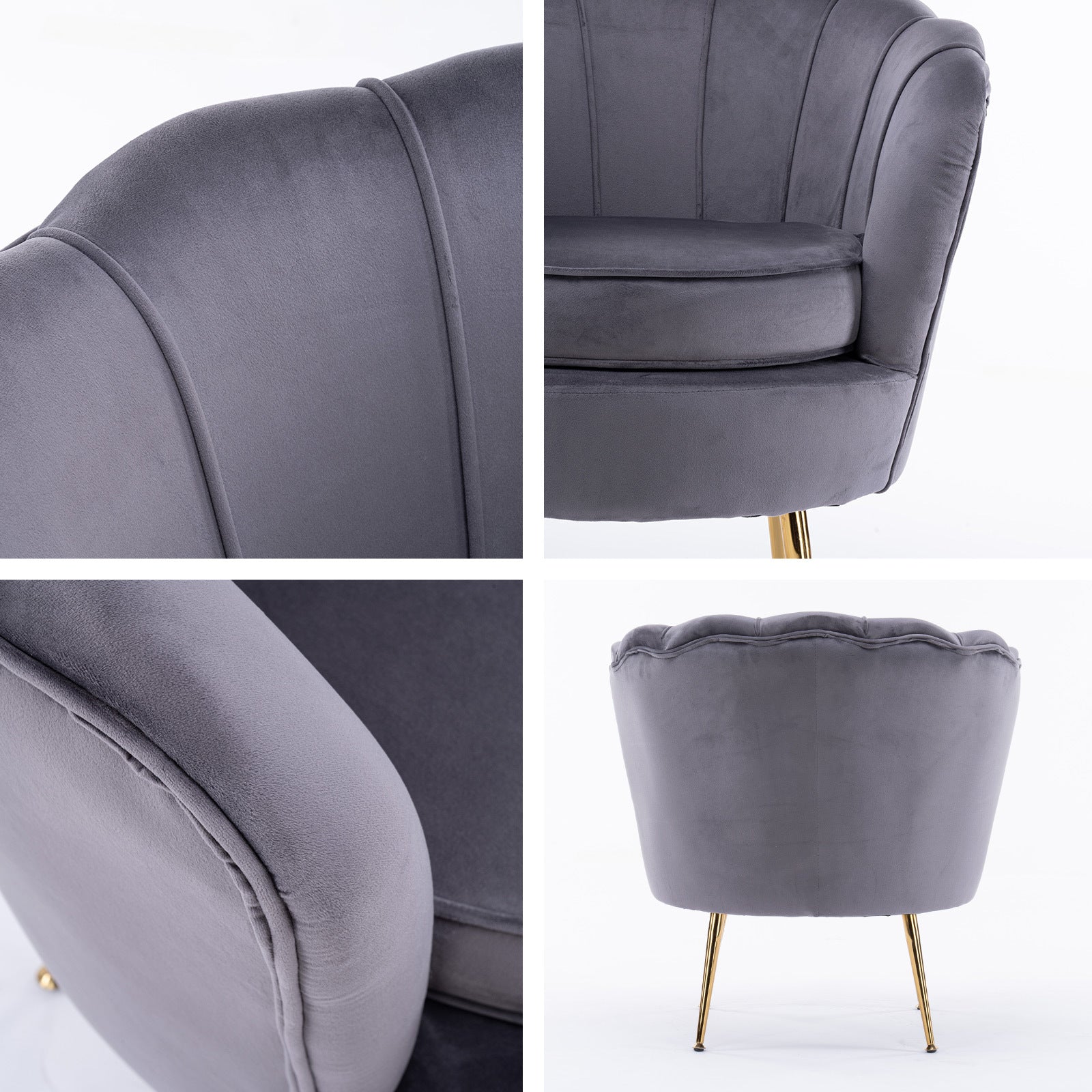 Shell Scallop Grey Armchair Accent Chair Velvet + Round Ottoman Footstool Homecoze