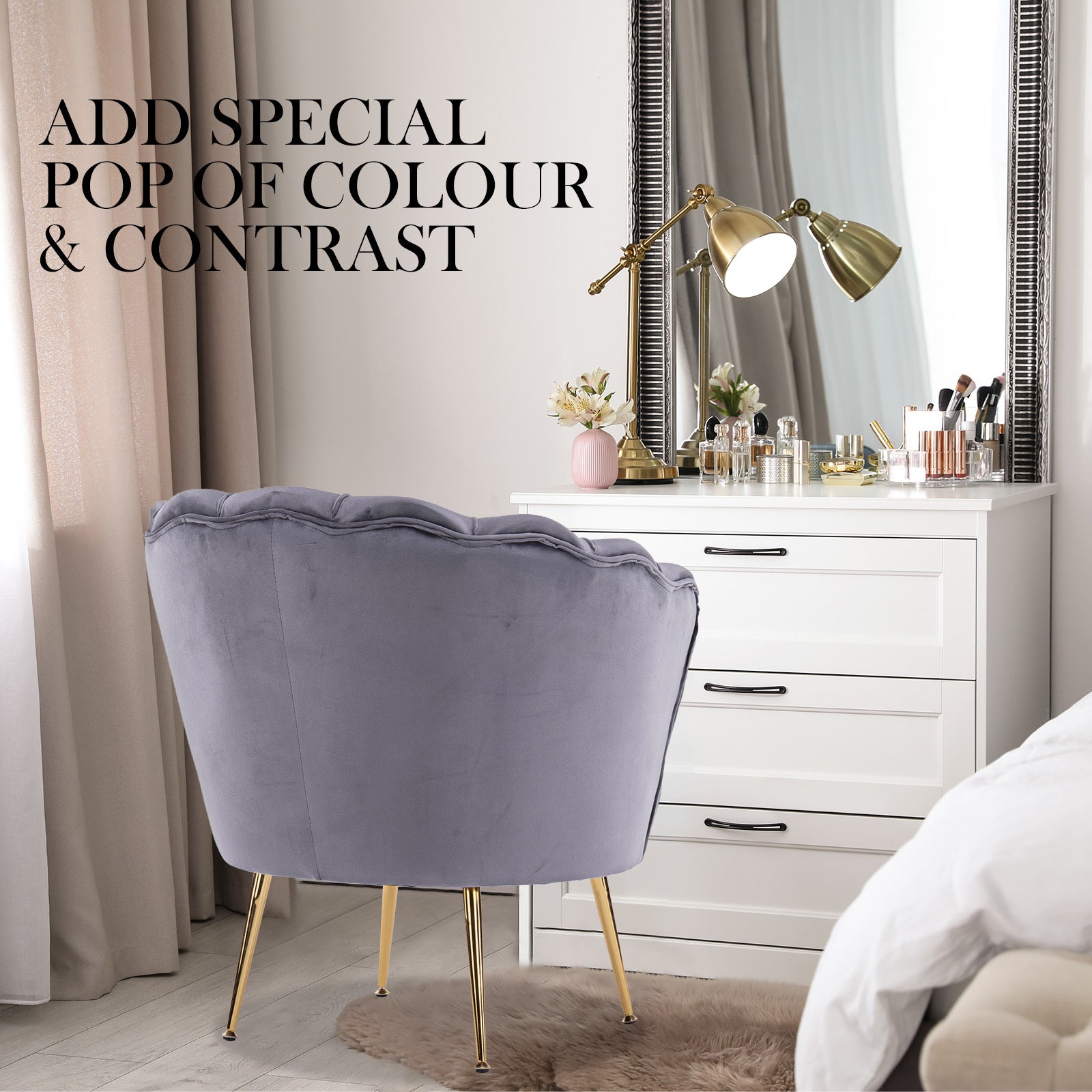 Shell Scallop Grey Armchair Accent Chair Velvet + Round Ottoman Footstool Homecoze