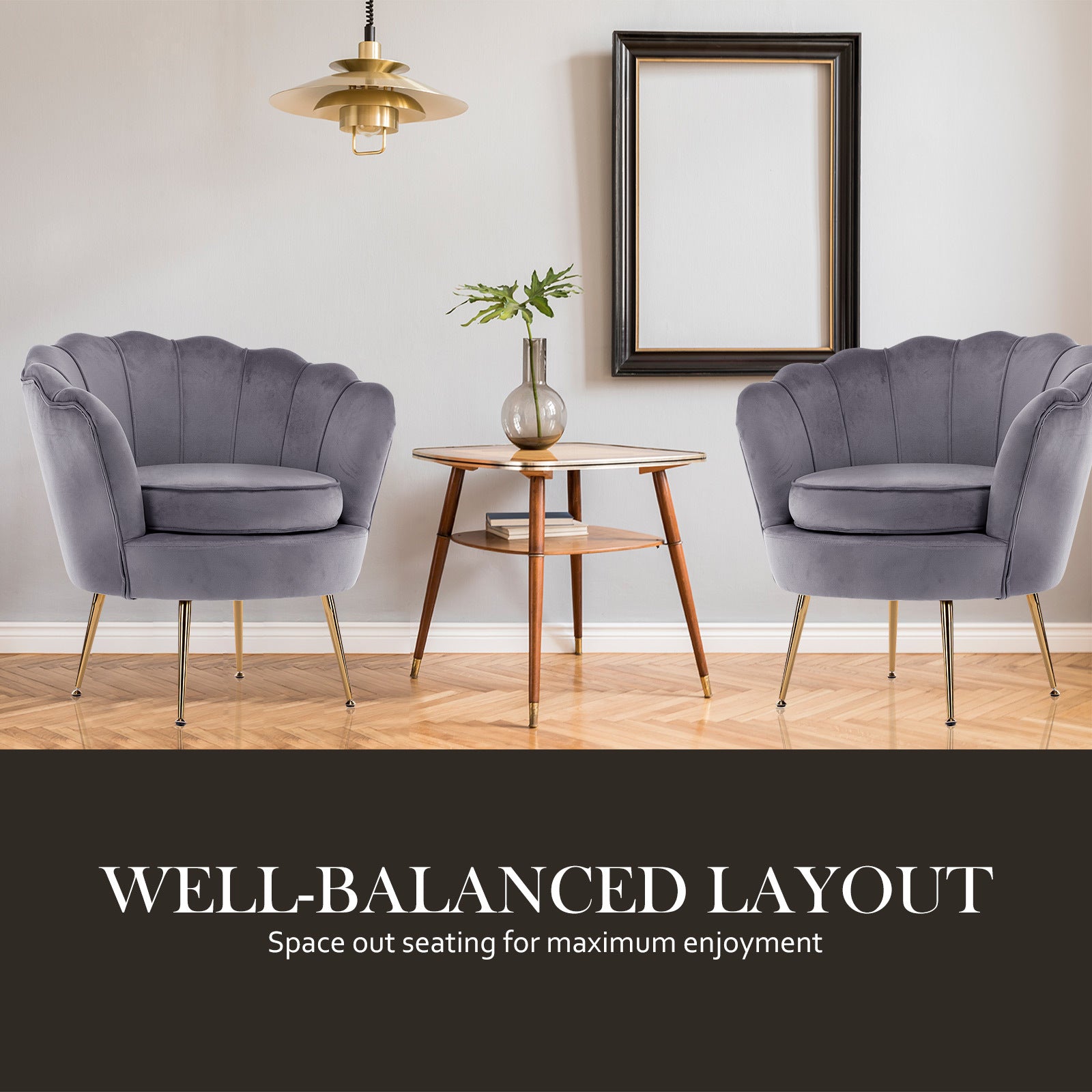 Shell Scallop Grey Armchair Accent Chair Velvet + Round Ottoman Footstool Homecoze