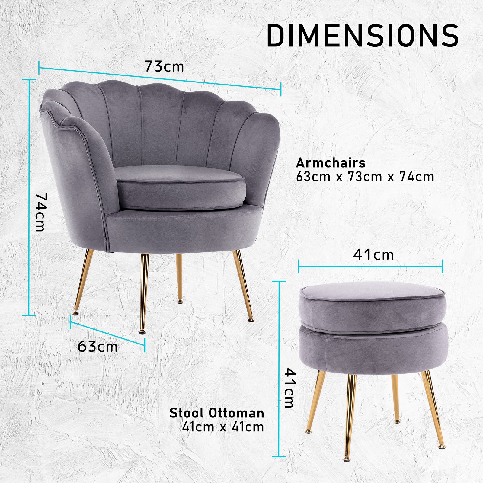 Shell Scallop Grey Armchair Accent Chair Velvet + Round Ottoman Footstool Homecoze