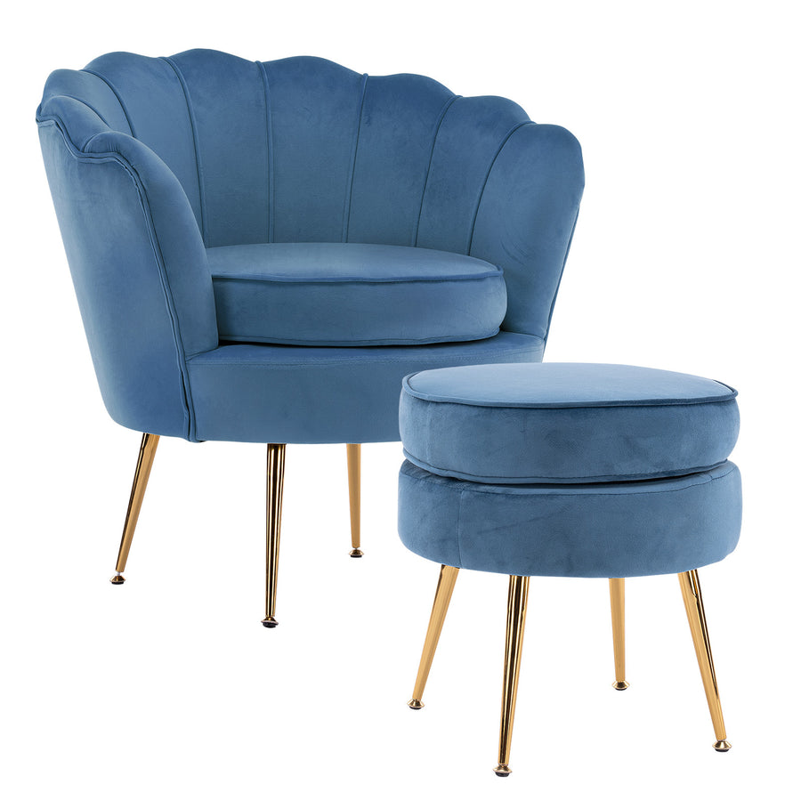 Shell Scallop Navy Blue Armchair Accent Chair Velvet + Round Ottoman Footstool Homecoze