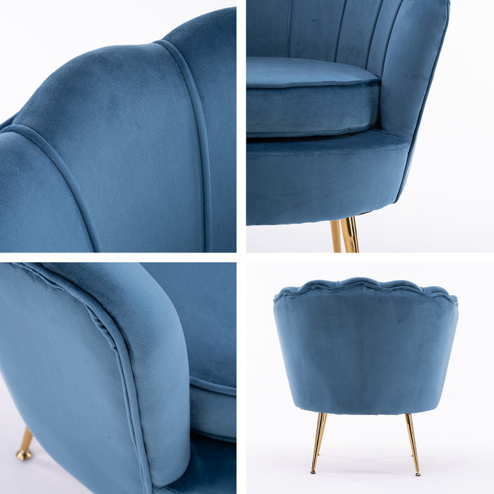 Shell Scallop Navy Blue Armchair Accent Chair Velvet + Round Ottoman Footstool Homecoze